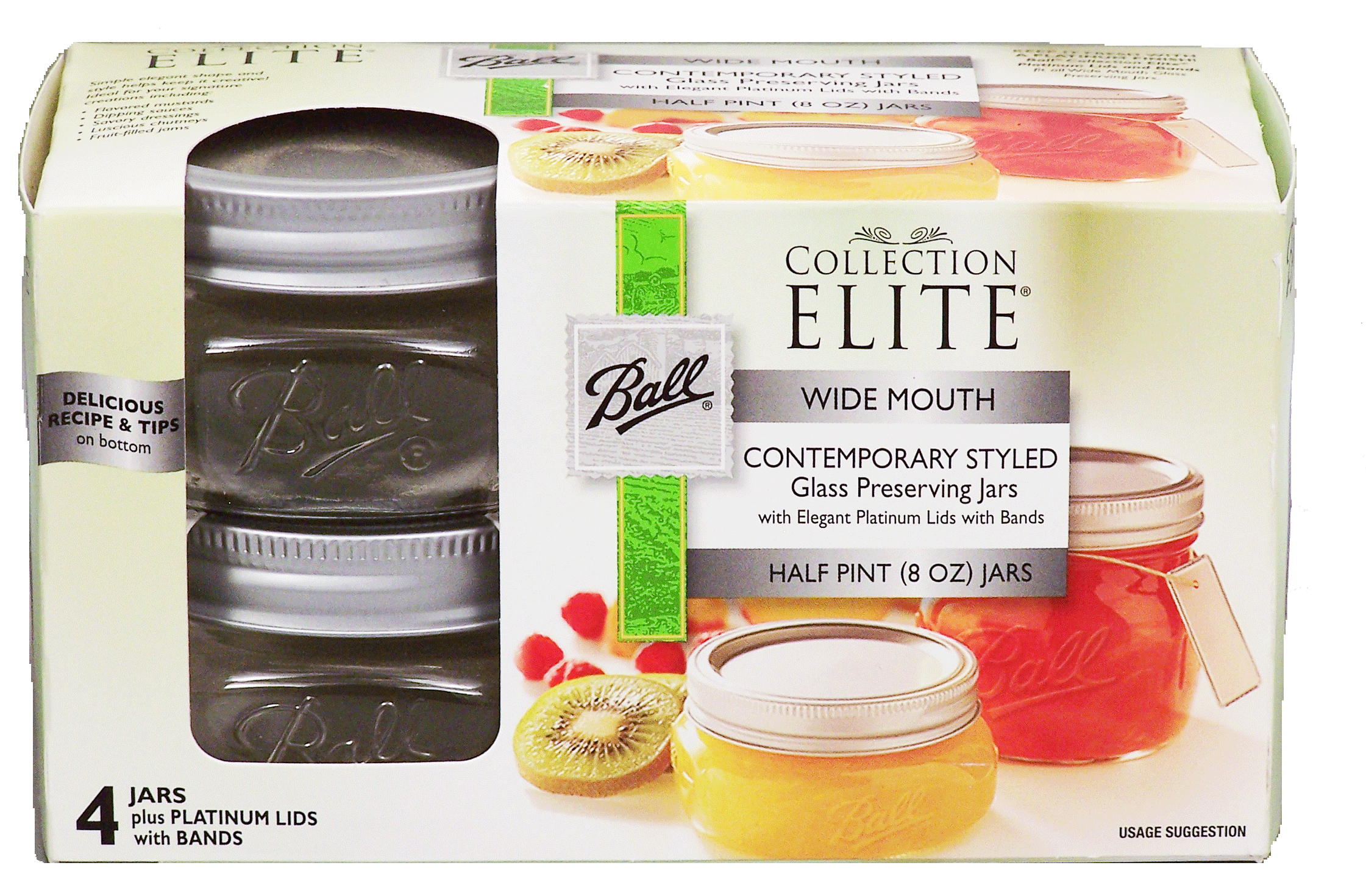 Ball&nbsp;Collection Elite&nbsp;16 oz wide mouth contemporary styled glass preserving jars with elegant platinum lids with bands Full-Size Picture